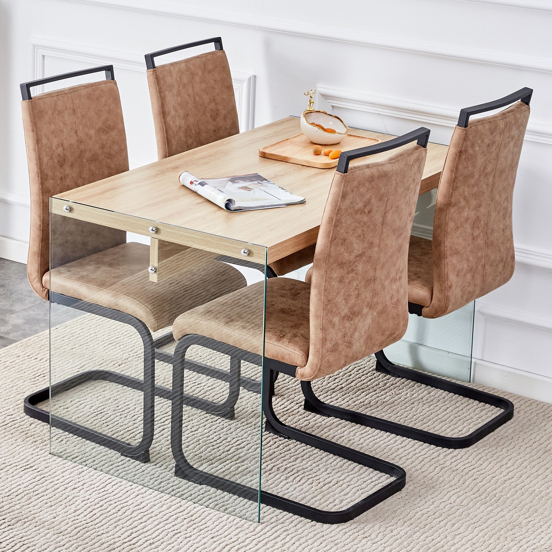 Table and chair set.Wood Texture MDF Coffee Table - Reinforced with Tempered Glass Legs.Paired with 4 brown technology fabric chairs with Featuring arched black legs.