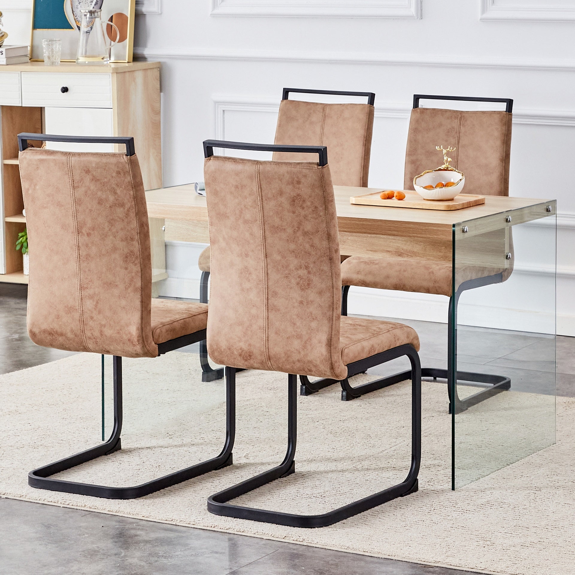 Table and chair set.Wood Texture MDF Coffee Table - Reinforced with Tempered Glass Legs.Paired with 4 brown technology fabric chairs with Featuring arched black legs.