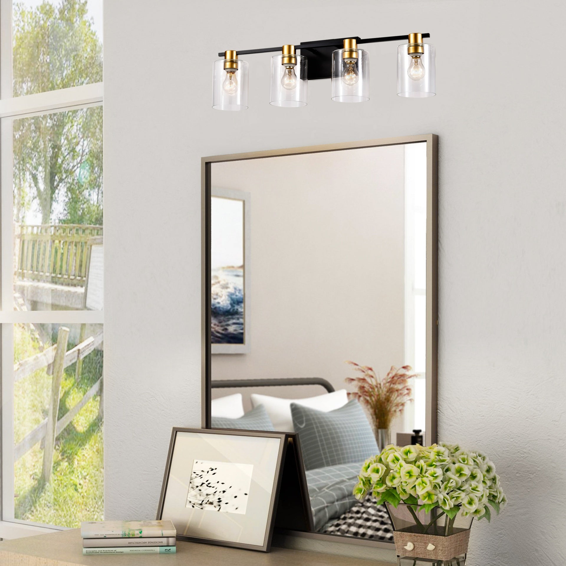 4-Light Bathroom Light Fixtures((Does Not Include Light Bulbs), Modern Vanity Lights with  Glass Shade, Vintage  Light Fixture Bathroom Over Mirror Wall Lights for Kitchen Dinning Room Bedroom Hallway