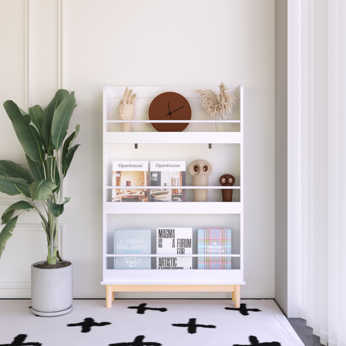 Wall-Mounted Kids Bookshelf with 3 Front-Facing Display Shelves, Modern White Book Rack with Natural Wood Base for Toddler Bedroom, Nursery or Playroom