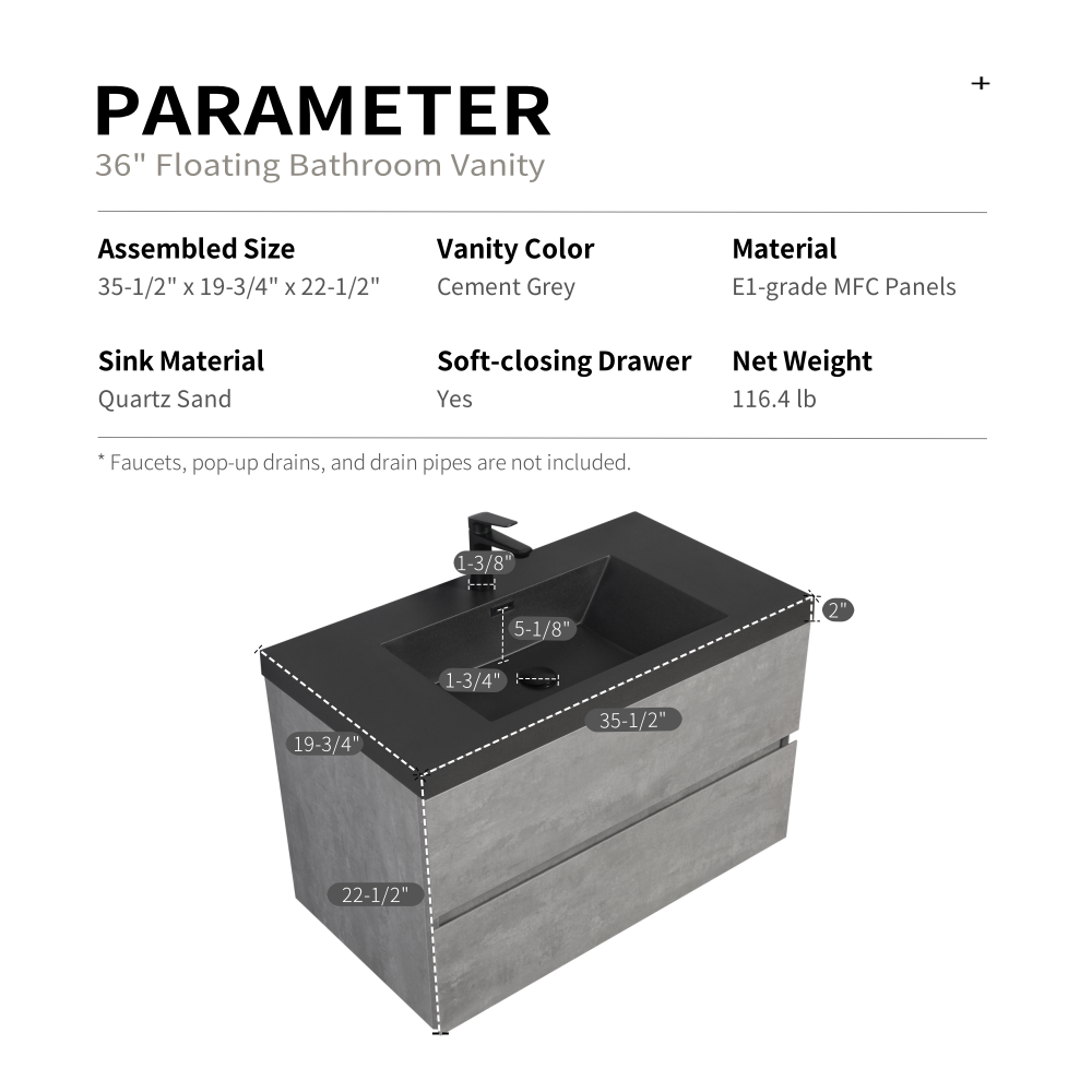 36" Floating Bathroom Vanity with Sink, Wall-Mounted Storage Cabinet with Black Quartz Sand Top Basin and Soft Close Drawers Fully Assembled, EDI-Series Cement Grey 24V12-36GR-W1920P385529