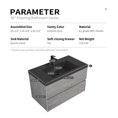 36" Floating Bathroom Vanity with Sink, Wall-Mounted Storage Cabinet with Black Quartz Sand Top Basin and Soft Close Drawers Fully Assembled, EDI-Series Cement Grey 24V12-36GR-W1920P385529