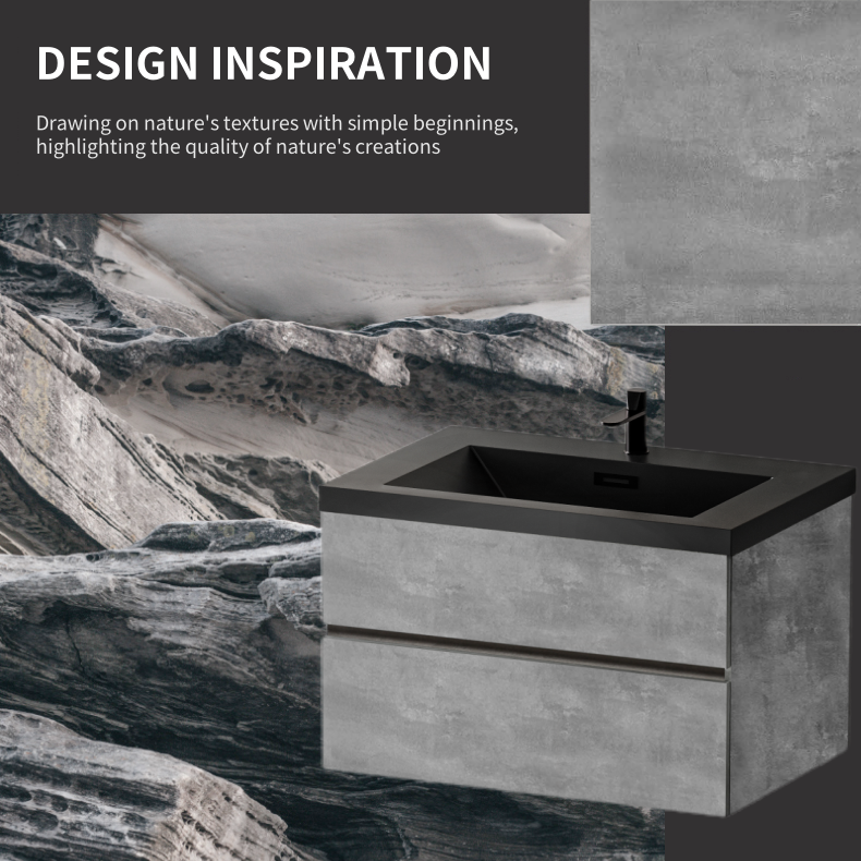 36" Floating Bathroom Vanity with Sink, Wall-Mounted Storage Cabinet with Black Quartz Sand Top Basin and Soft Close Drawers Fully Assembled, EDI-Series Cement Grey 24V12-36GR-W1920P385529