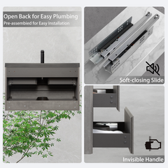 36" Floating Bathroom Vanity with Sink, Wall-Mounted Storage Cabinet with Black Quartz Sand Top Basin and Soft Close Drawers Fully Assembled, EDI-Series Cement Grey 24V12-36GR-W1920P385529