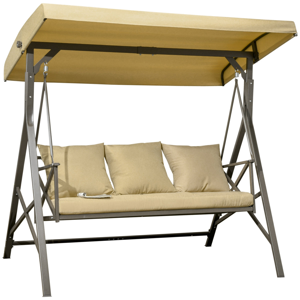 3-Seat Patio Swing Chair, Porch Swing Glider with Cushion, 3 Throw Pillows & Adjustable Canopy for Porch, Garden, Poolside, Backyard, Khaki