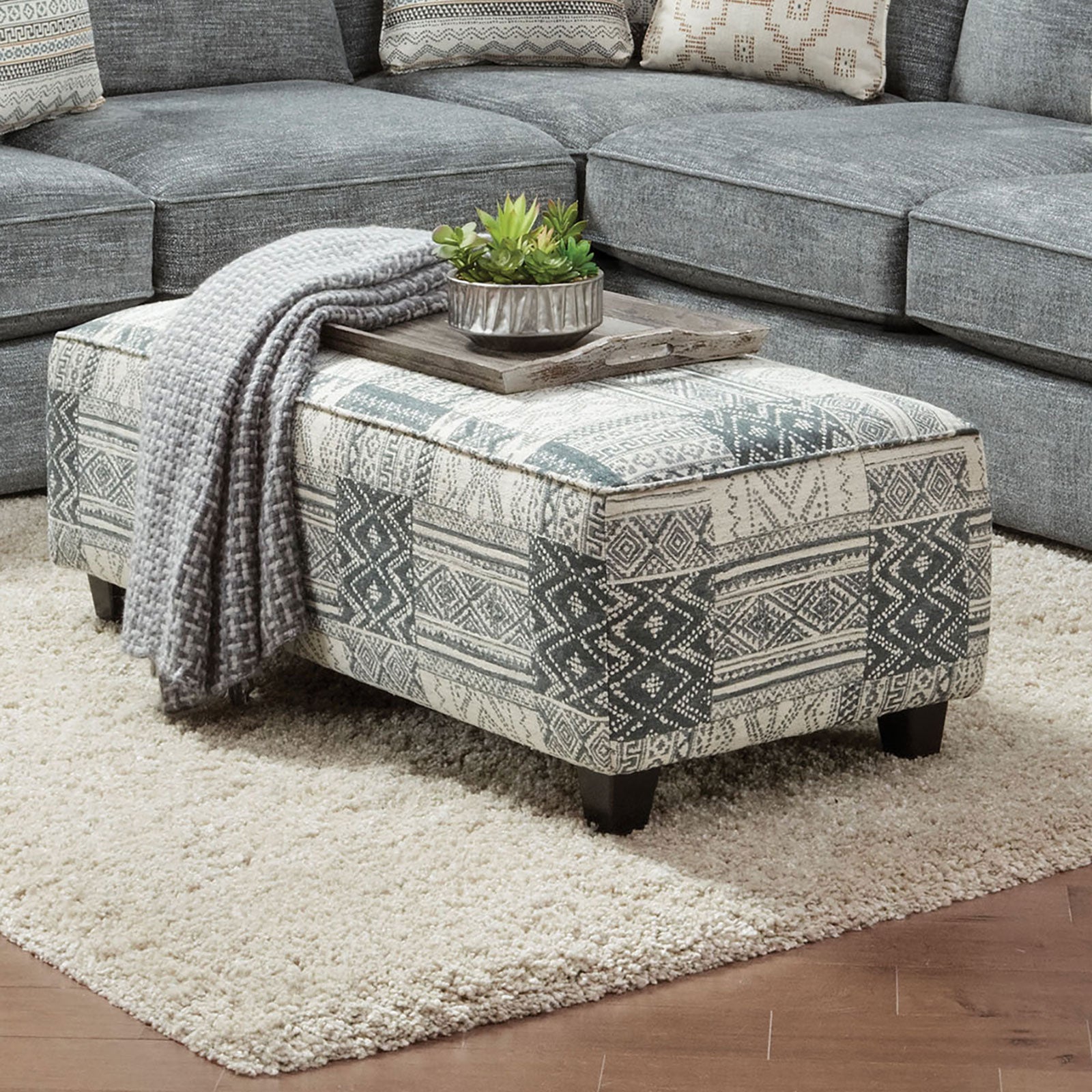 Transitional Style Soft Upholstery Ottoman With Welt Trim Double Gel Foam Soft Woven Fabric Tribal Multi