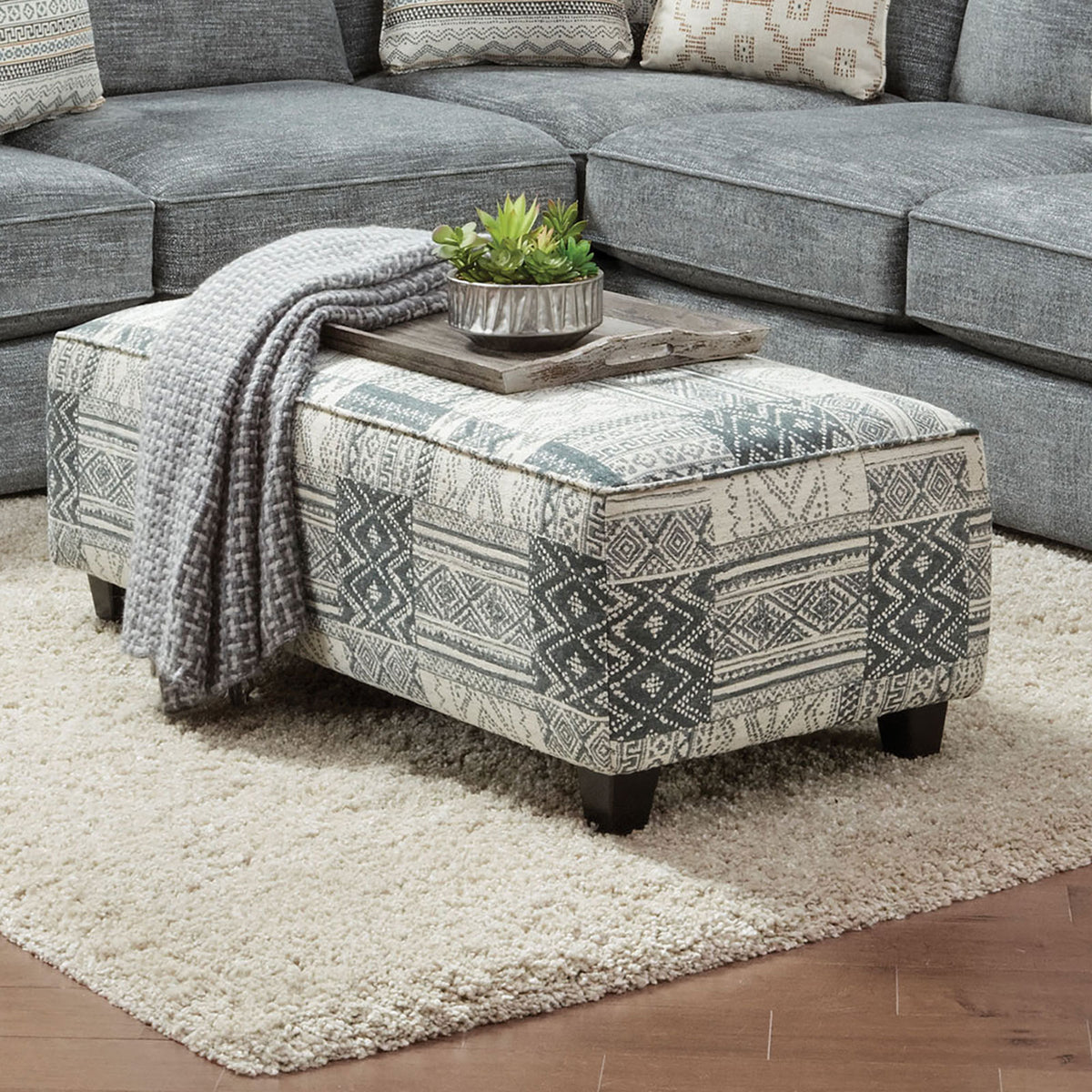 Transitional Style Soft Upholstery Ottoman With Welt Trim Double Gel Foam Soft Woven Fabric Tribal Multi