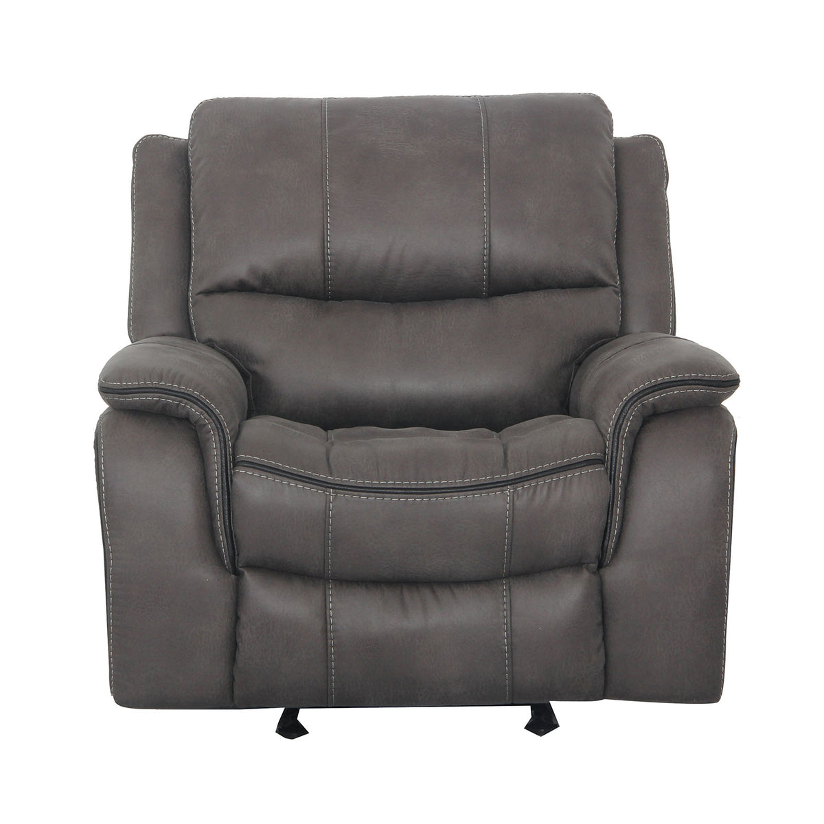 Transitional Style Dark Gray Finish Glider Recliner Arms Pillow Top Blocked Hardware Frame Fully Upholstered Primary Living Rom