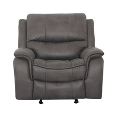 Transitional Style Dark Gray Finish Glider Recliner Arms Pillow Top Blocked Hardware Frame Fully Upholstered Primary Living Rom