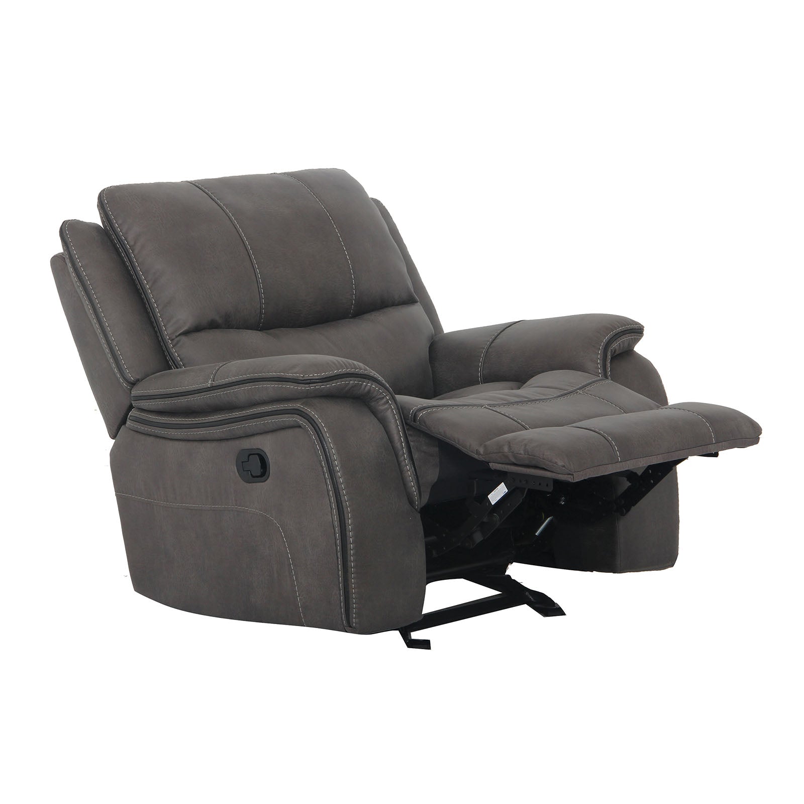 Transitional Style Dark Gray Finish Glider Recliner Arms Pillow Top Blocked Hardware Frame Fully Upholstered Primary Living Rom