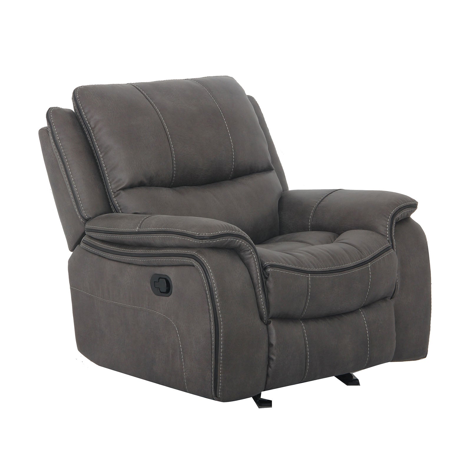 Transitional Style Dark Gray Finish Glider Recliner Arms Pillow Top Blocked Hardware Frame Fully Upholstered Primary Living Rom