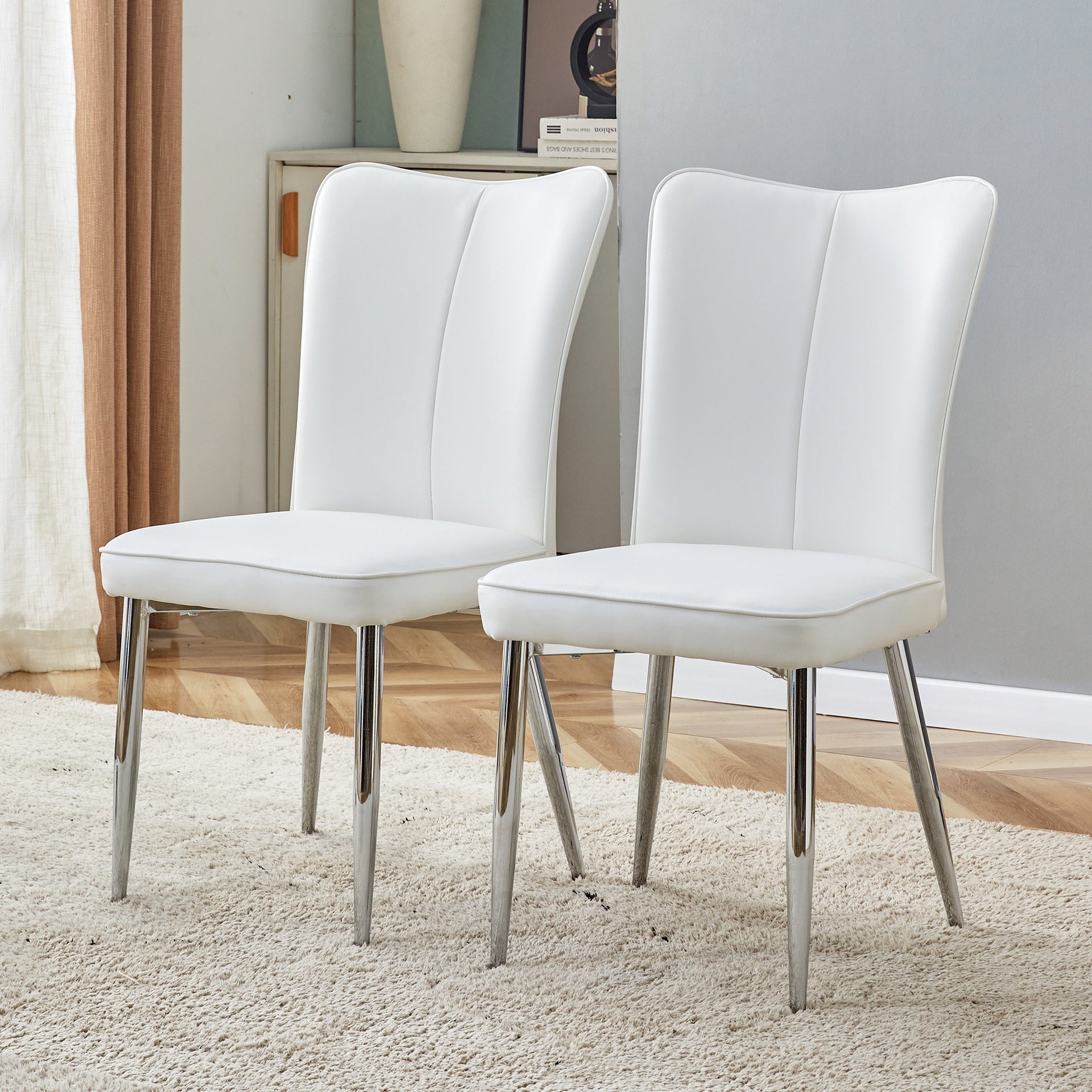 Modern minimalist dining chairs, office chairs. 2-piece set of white PU seats with silver metal legs. Suitable for restaurants, living rooms, and offices.W1151116745