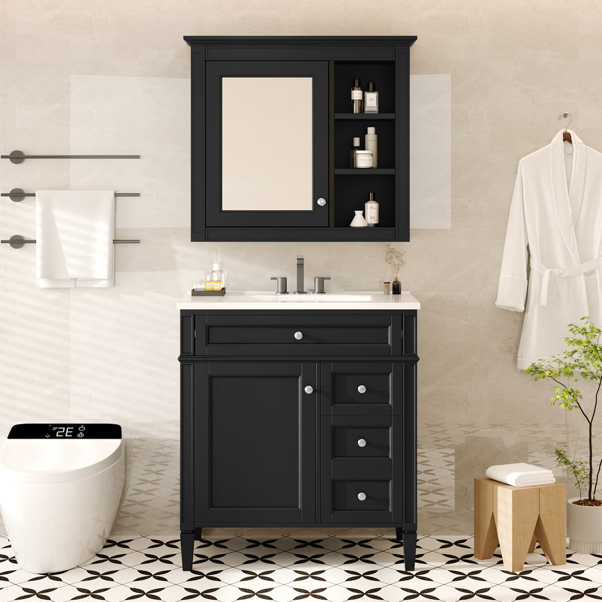 30'' Bathroom Vanity with Top Sink, Modern Bathroom Storage Cabinet with 2 Drawers and a Tip-out Drawer, Freestanding Vanity Set with Mirror Cabinet, Single Sink Bathroom Vanity