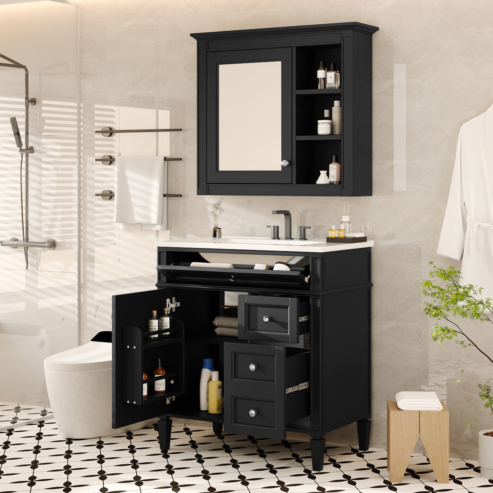 30'' Bathroom Vanity with Top Sink, Modern Bathroom Storage Cabinet with 2 Drawers and a Tip-out Drawer, Freestanding Vanity Set with Mirror Cabinet, Single Sink Bathroom Vanity