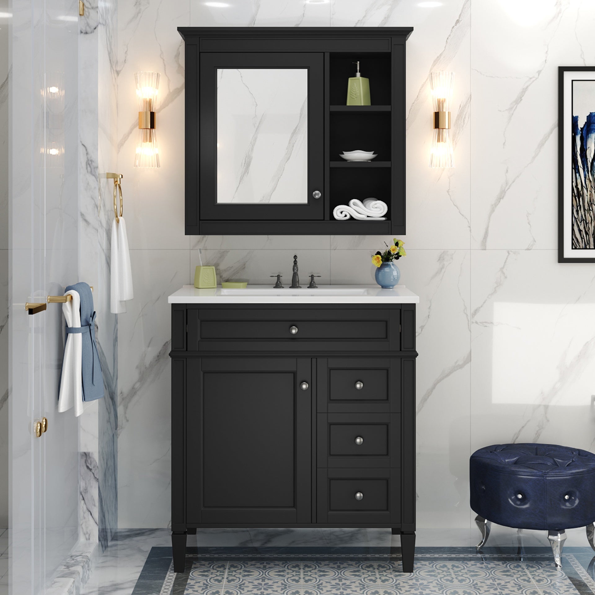 30'' Bathroom Vanity with Top Sink, Modern Bathroom Storage Cabinet with 2 Drawers and a Tip-out Drawer, Freestanding Vanity Set with Mirror Cabinet, Single Sink Bathroom Vanity