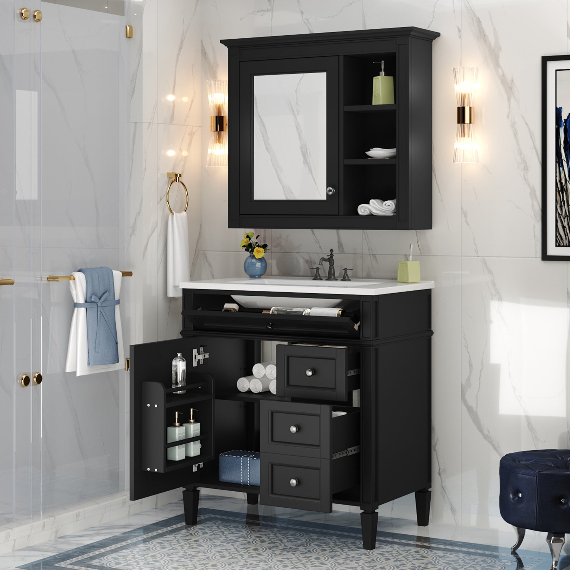 30'' Bathroom Vanity with Top Sink, Modern Bathroom Storage Cabinet with 2 Drawers and a Tip-out Drawer, Freestanding Vanity Set with Mirror Cabinet, Single Sink Bathroom Vanity