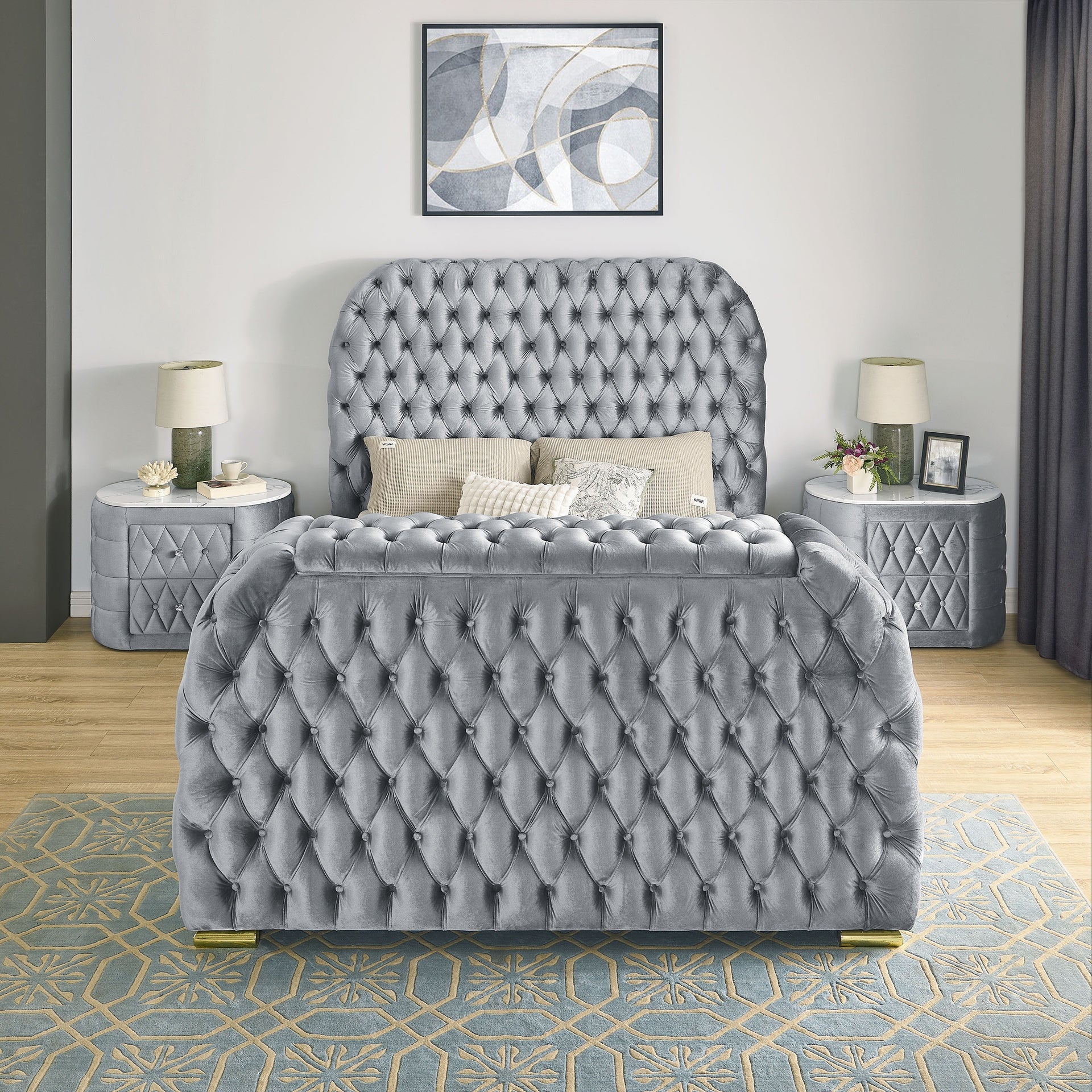 1pc Oval Faux Marble Top Nightstand 2- Drawers Storage Gray Finish Button Tufted Faux Crystal Tufted