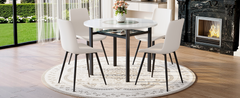Table and chair set.42 inch modern minimalist white desktop round dining table set.Paired with 4 White Artificial PU Chairs With Curved Widened Cushion Design.Suitable for dining rooms,office,etc.