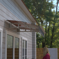 DA5934W Series Door Window Awning Canopy Made of  0.137 Inch Thick Crystal Solid Polycarbonate Sheet and Aluminum Alloy with Valance in size of 59" Wide x 34" Deep for Wooden Wall House