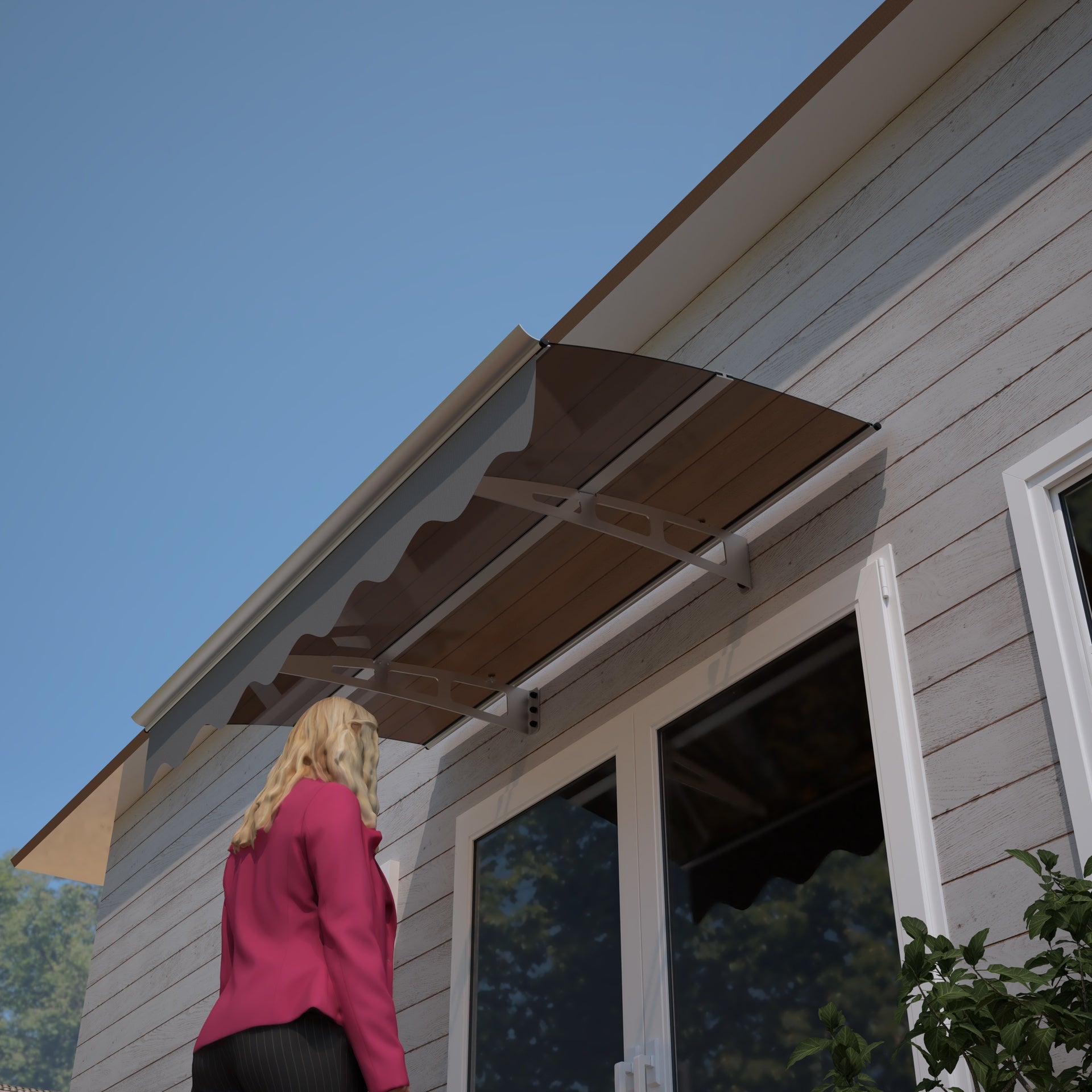 DA5934W Series Door Window Awning Canopy Made of  0.137 Inch Thick Crystal Solid Polycarbonate Sheet and Aluminum Alloy with Valance in size of 59" Wide x 34" Deep for Wooden Wall House