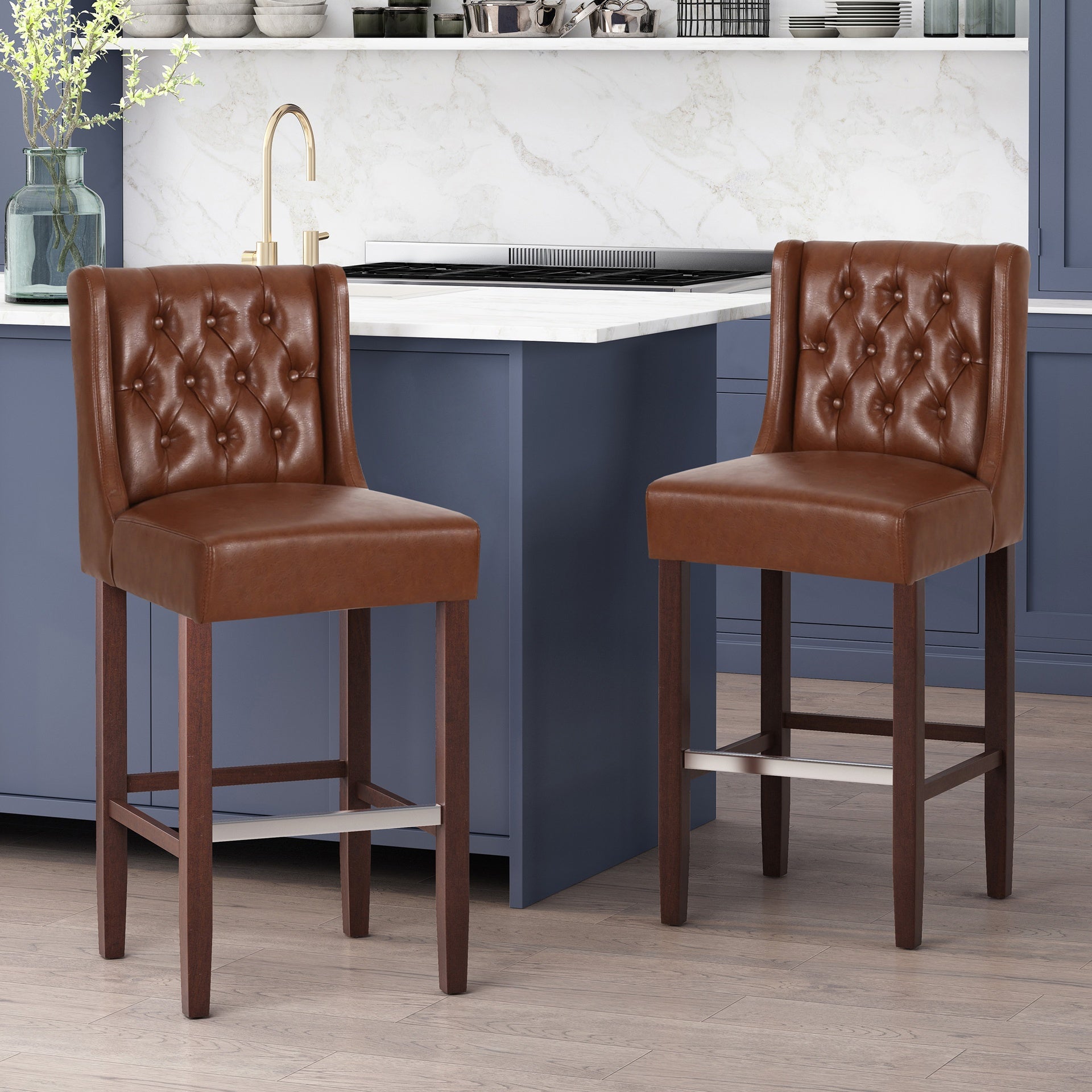 30.5 Inch Seat Height Bar Stool, Light Brown PU Upholstery with Back & Metal Footrest, Counter Stool for Kitchen Island