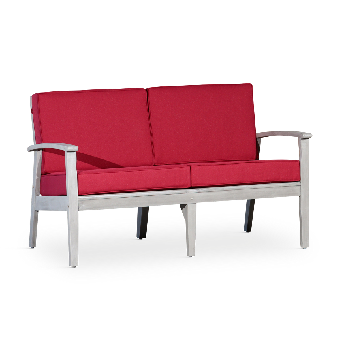 Eucalyptus Loveseat with Cushions, Silver Gray Finish, Burgundy Cushions