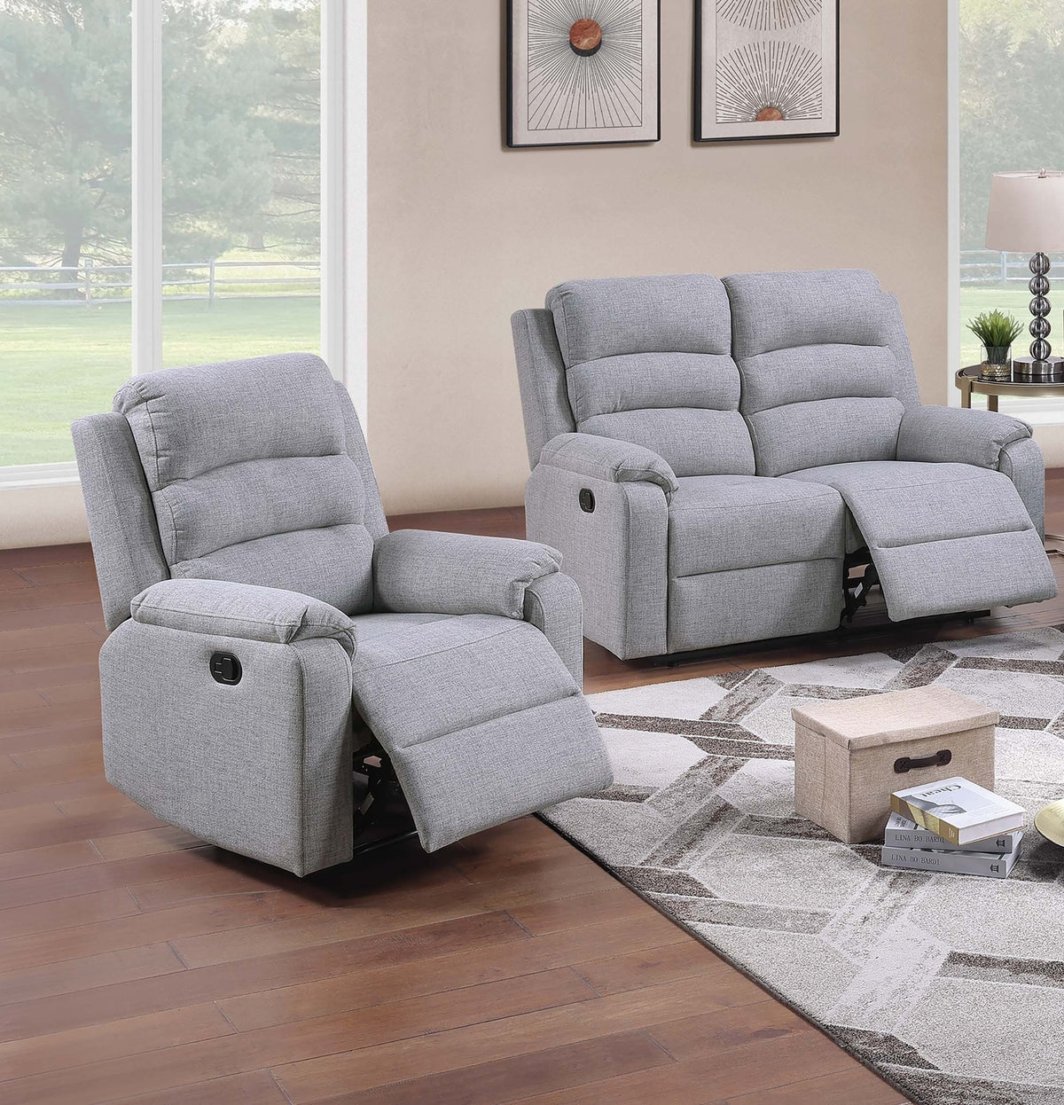 Modern 2pc Living Room Set 1x Loveseat 1x Recliner Vertical Tufting Sincere Bone Finish Primary Living Room Furniture