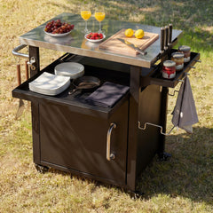 K&K 39.5" Outdoor Grill Cart with Storage Cabinet, Outdoor Bar Cart Pizza Oven Table with Wheels, Stainless Steel Top, Outdoor Kitchen Island with Spice & Paper Rack for BBQ, Waterproof Cover Included