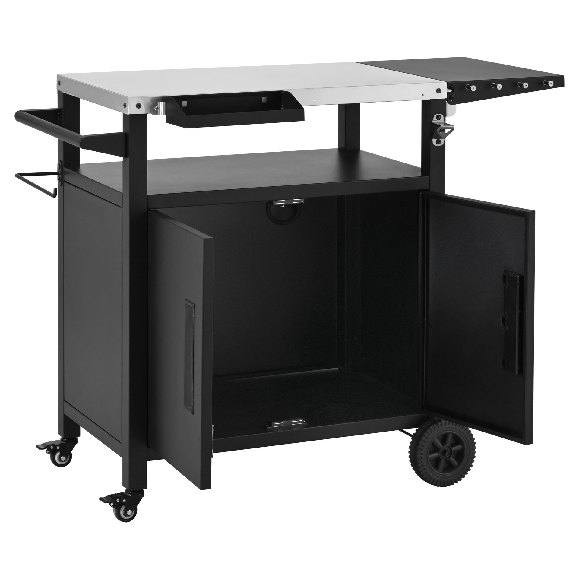 K&K Outdoor Grill Cart with Storage Cabinet, Outdoor Metal Kitchen Island with Foldable Table, Pizza Oven Table with Wheels & Stainless Steel Top & Hooks & Spice Rack for BBQ,Waterproof Cover Included