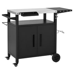 K&K Outdoor Grill Cart with Storage Cabinet, Outdoor Metal Kitchen Island with Foldable Table, Pizza Oven Table with Wheels & Stainless Steel Top & Hooks & Spice Rack for BBQ,Waterproof Cover Included