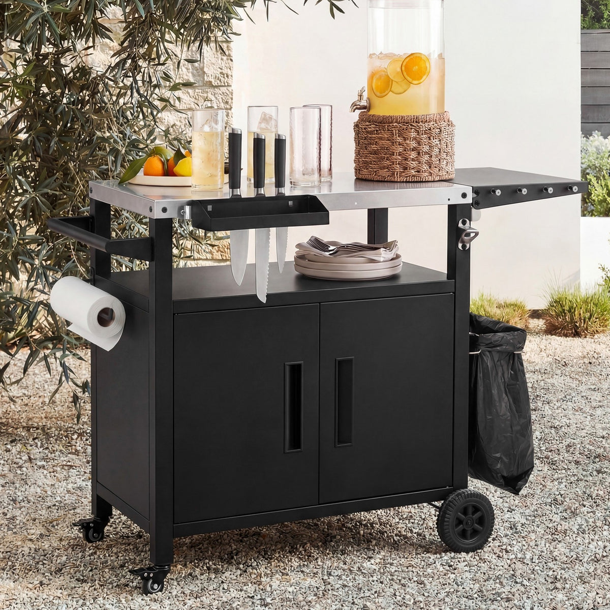 K&K Outdoor Grill Cart with Storage Cabinet, Outdoor Metal Kitchen Island with Foldable Table, Pizza Oven Table with Wheels & Stainless Steel Top & Hooks & Spice Rack for BBQ,Waterproof Cover Included