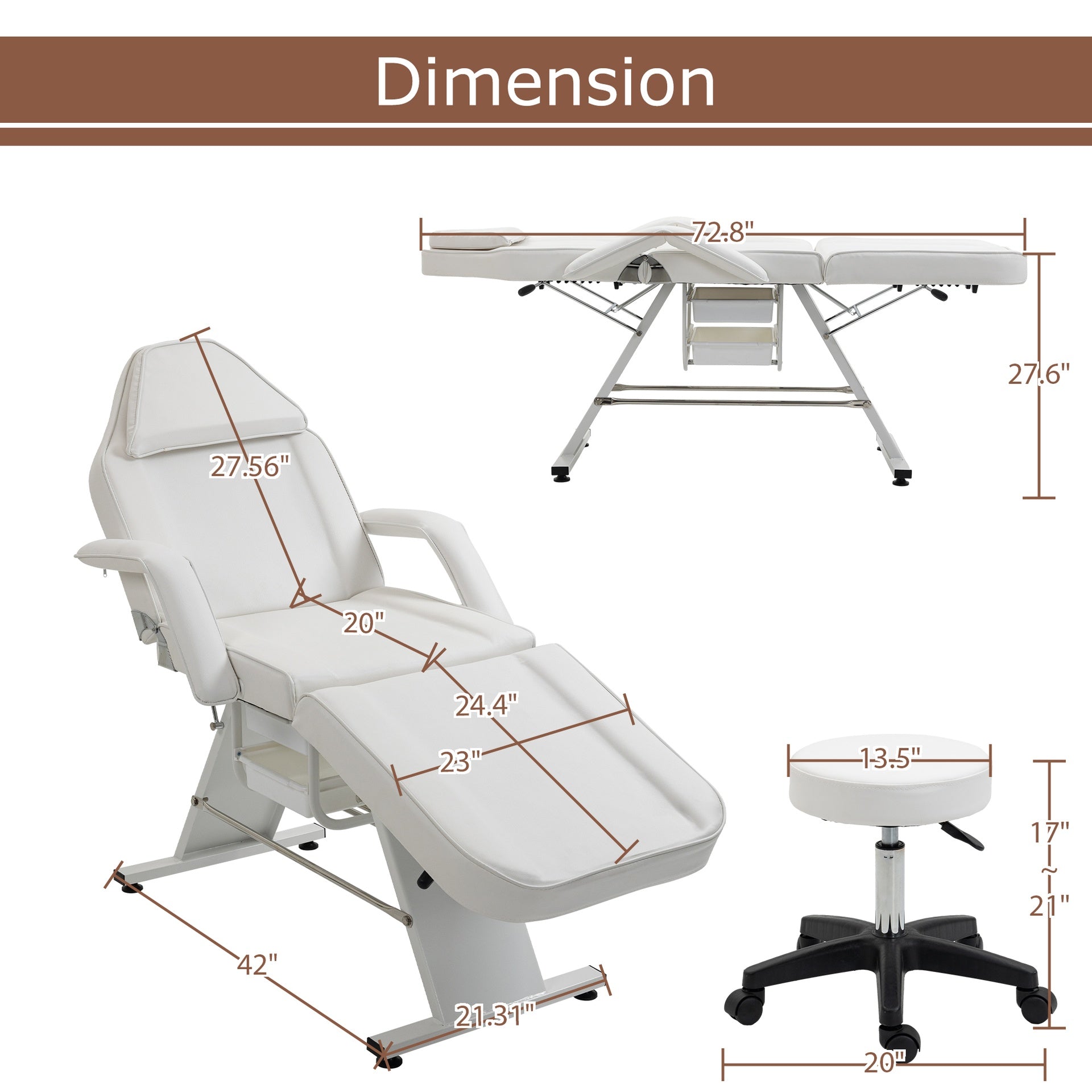 Massage Salon Tattoo Chair with Two Trays Esthetician Bed with Hydraulic Stool,Multi-Purpose 3-Section Facial Bed Table, Adjustable Beauty Barber Spa Beauty Equipment, White