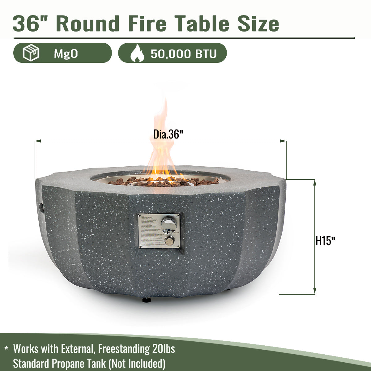 36" Propane Gas Fire Pit Table, 50000 BTU Round Concrete Fire Pit for Outside Patio Deck Garden Backyard- Gray