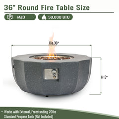 36" Propane Gas Fire Pit Table, 50000 BTU Round Concrete Fire Pit for Outside Patio Deck Garden Backyard- Gray