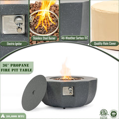 36" Propane Gas Fire Pit Table, 50000 BTU Round Concrete Fire Pit for Outside Patio Deck Garden Backyard- Gray