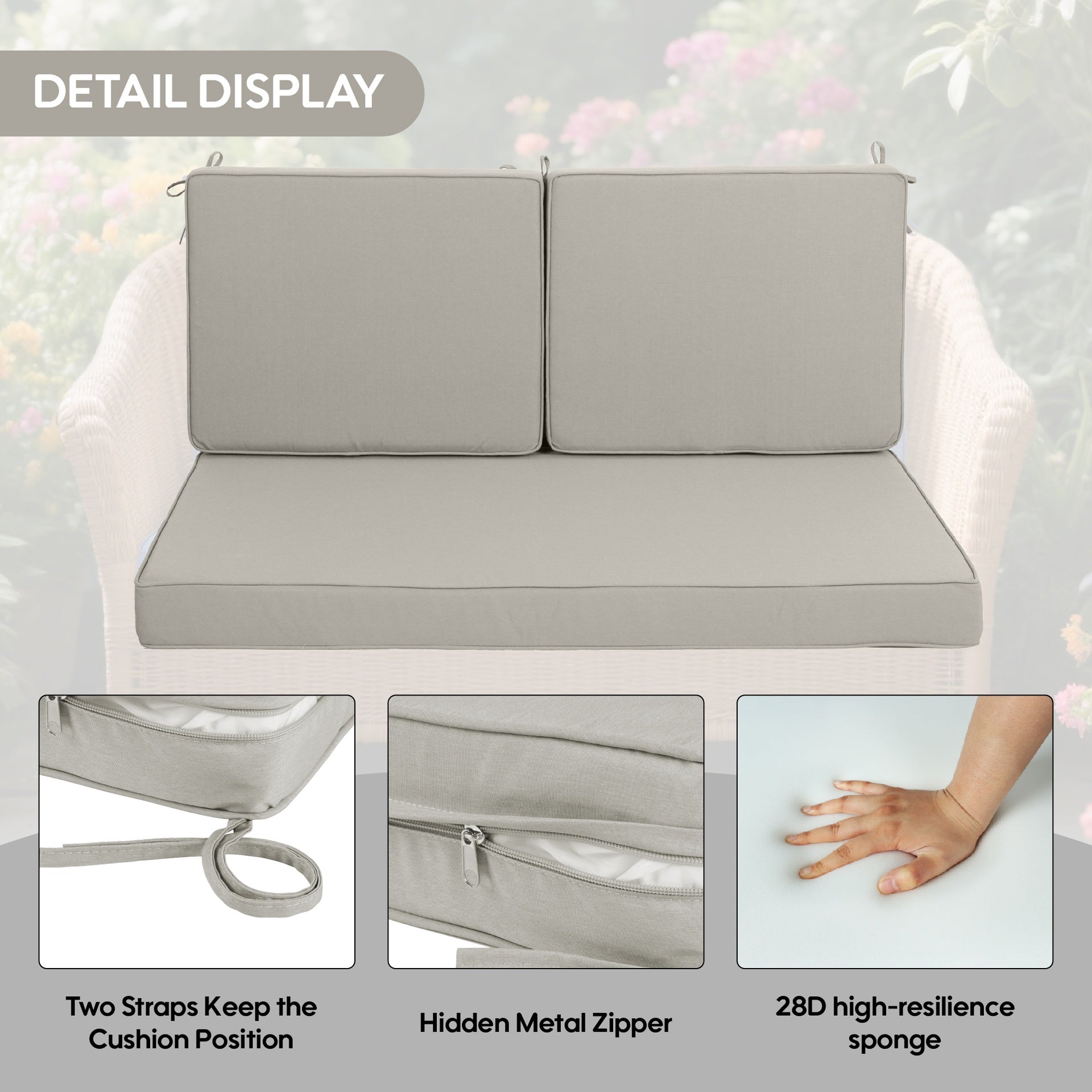 Outdoor Loveseat Cushion Set 48 x 24 Inch, Waterproof & 3-Year Fade Resistant Patio Furniture Cushions with Removable Cover, Ties and Hidden Zipper for Sofa Bench Couch pad, Beige (1xseat+2Xback cushi