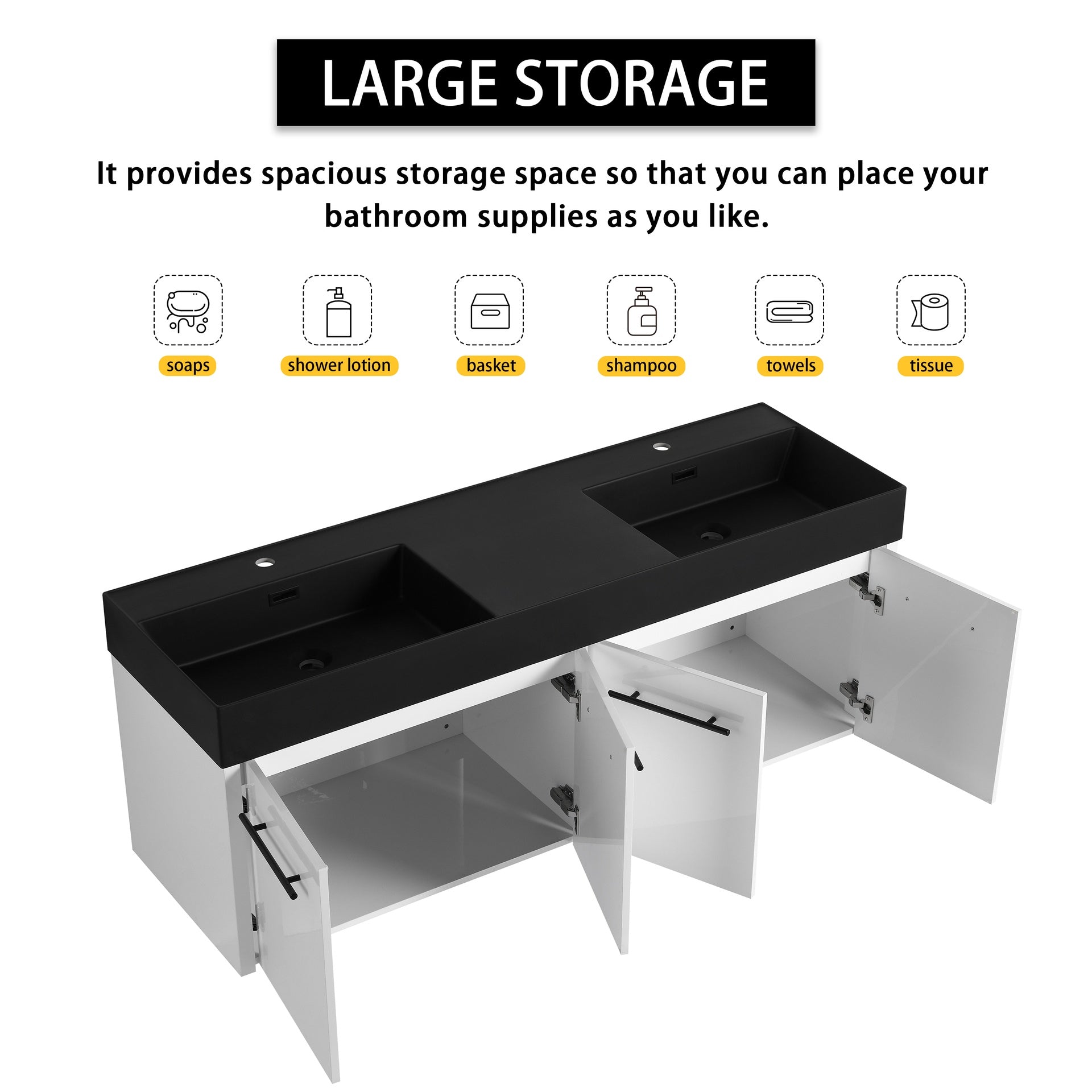 60 Inch Wall-Mounted Bathroom Vanity with Sink, Thick Edged Double Black Resin Sink, KD-Package