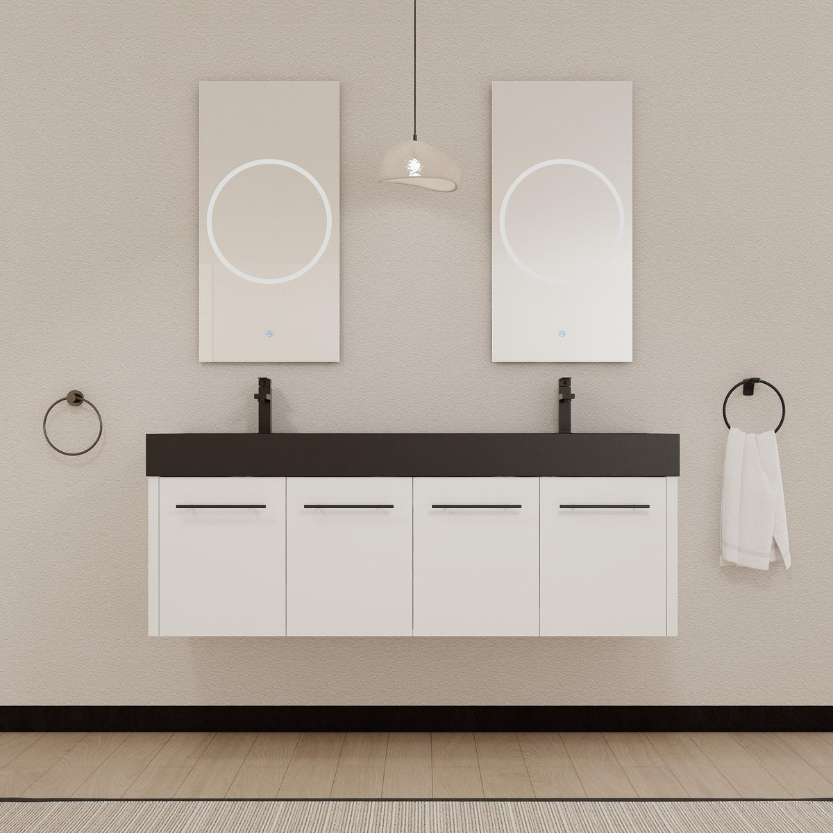60 Inch Wall-Mounted Bathroom Vanity with Sink, Thick Edged Double Black Resin Sink, KD-Package