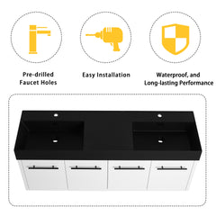 60 Inch Wall-Mounted Bathroom Vanity with Sink, Thick Edged Double Black Resin Sink, KD-Package