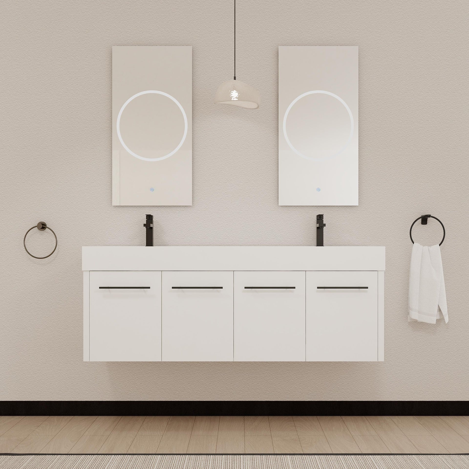 60 Inch Wall-Mounted Bathroom Vanity with Sink, Thick Edged Double Resin Sink, KD-Package