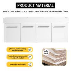 60 Inch Wall-Mounted Bathroom Vanity with Sink, Thick Edged Double Resin Sink, KD-Package