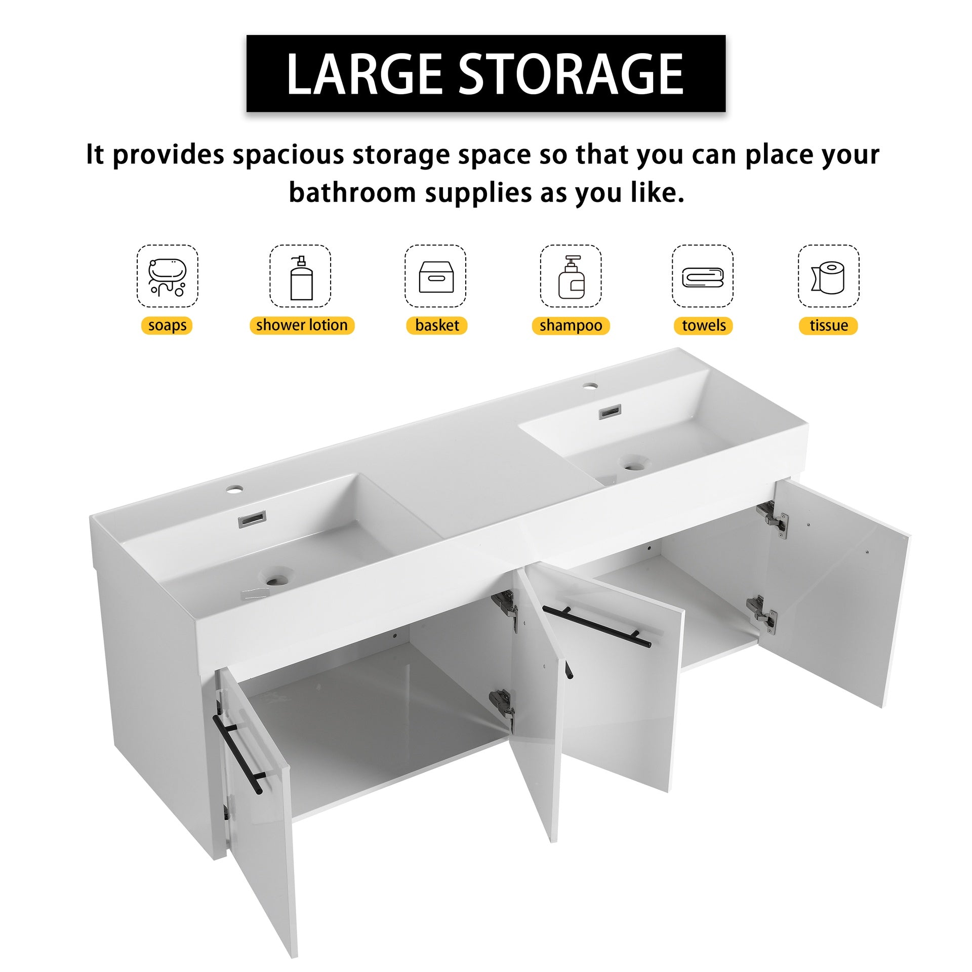 60 Inch Wall-Mounted Bathroom Vanity with Sink, Thick Edged Double Resin Sink, KD-Package