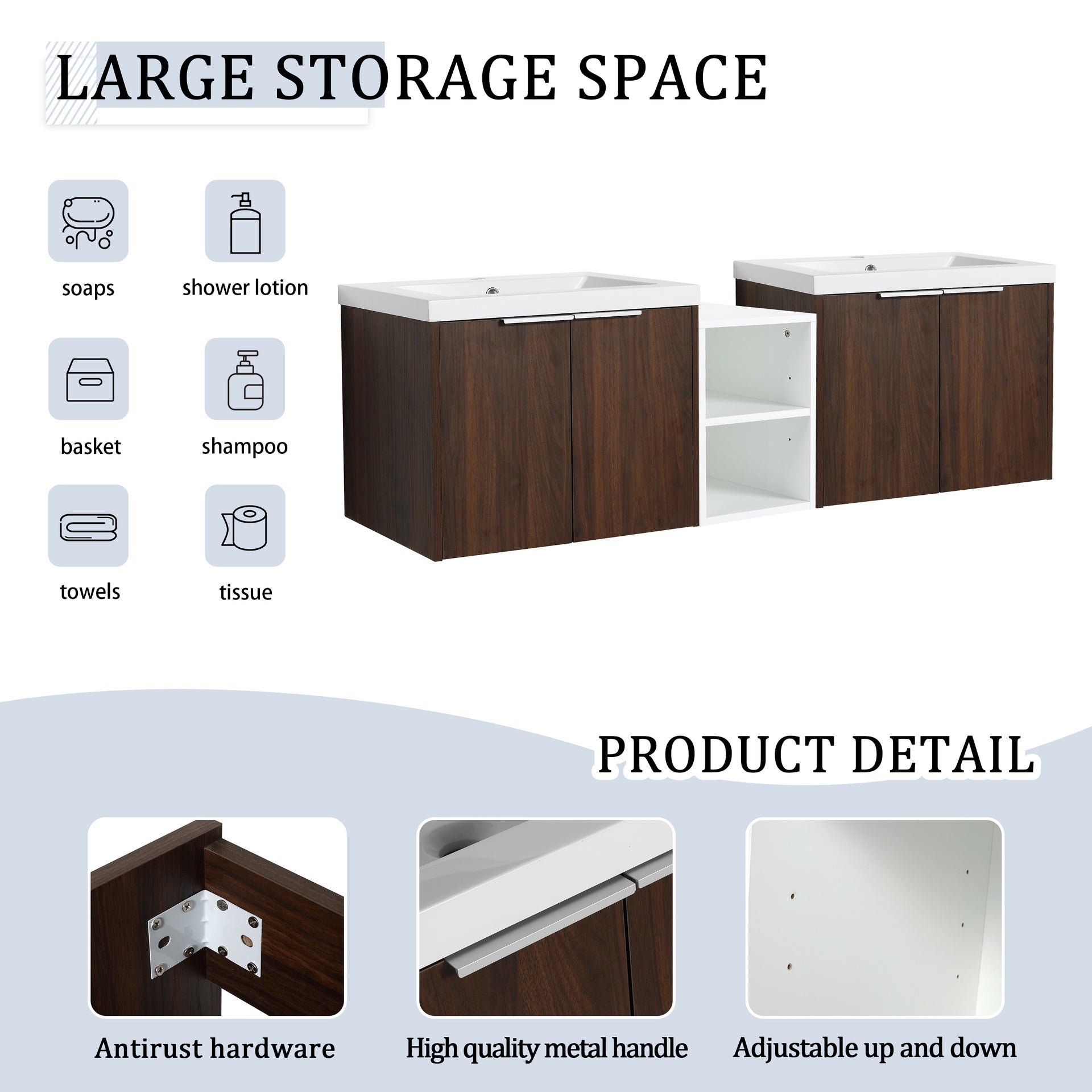 60 Inch Soft Close Doors Bathroom Vanity With Sink, A Small Storage Shelves, 24" and 12" Combination Cabinet,(KD-Packing)
