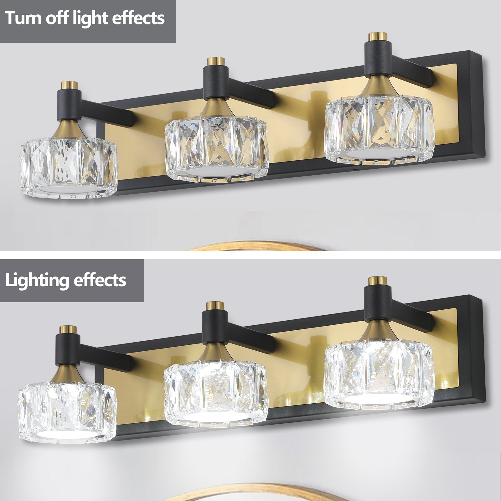 20" Modern Crystal Vanity Light with Black and Gold Finish – 3-Light Bathroom Wall Sconce, Elegant and Stylish Fixture for Bathroom, Bedroom, or Hallway