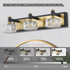20" Modern Crystal Vanity Light with Black and Gold Finish – 3-Light Bathroom Wall Sconce, Elegant and Stylish Fixture for Bathroom, Bedroom, or Hallway
