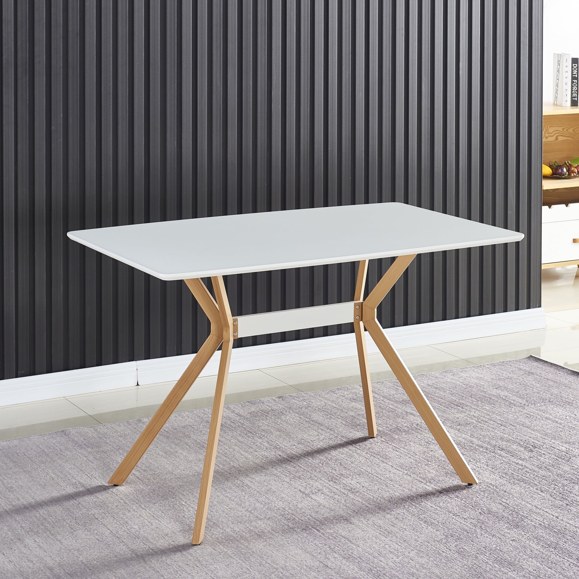 Modern Minimalist StyleDining Table MDF Anti-Scratch Top Metal Shelf Metal Heat Transfer Legs Leveling Feet For Dining Room Kitchen Office Table X 1(White)