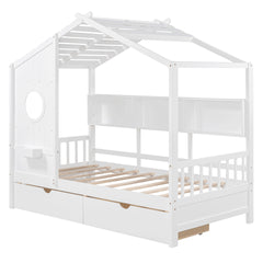 Wooden Twin Size House Bed with 2 Drawers,Kids Bed with Storage Shelf, White(Old SKU: HL000051AAK)