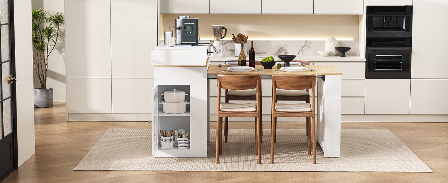 TREXM Extendable Dining Table with Folding Tabletop, Bar Table with Drawers and Power Outlet, Kitchen Island with Wheels and Hooks, Sideboard for Kitchen and Dining Room (Creamy White+Natural)