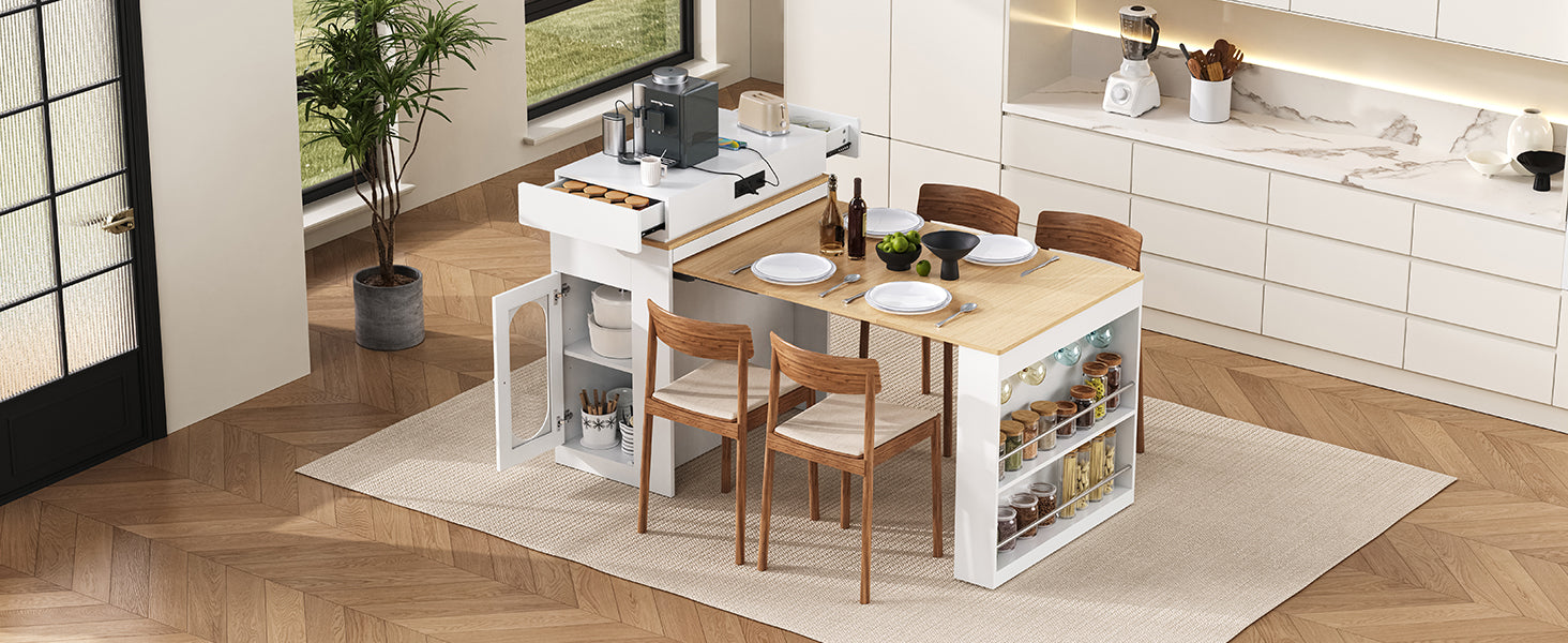 TREXM Extendable Dining Table with Folding Tabletop, Bar Table with Drawers and Power Outlet, Kitchen Island with Wheels and Hooks, Sideboard for Kitchen and Dining Room (Creamy White+Natural)