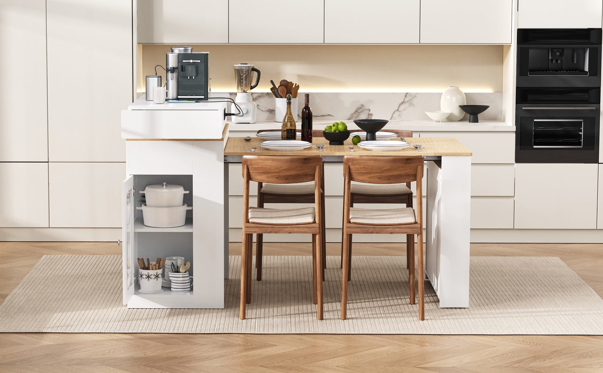 TREXM Extendable Dining Table with Folding Tabletop, Bar Table with Drawers and Power Outlet, Kitchen Island with Wheels and Hooks, Sideboard for Kitchen and Dining Room (Creamy White+Natural)